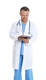 Portrait of experienced doctor in uniform on white background. Medical service