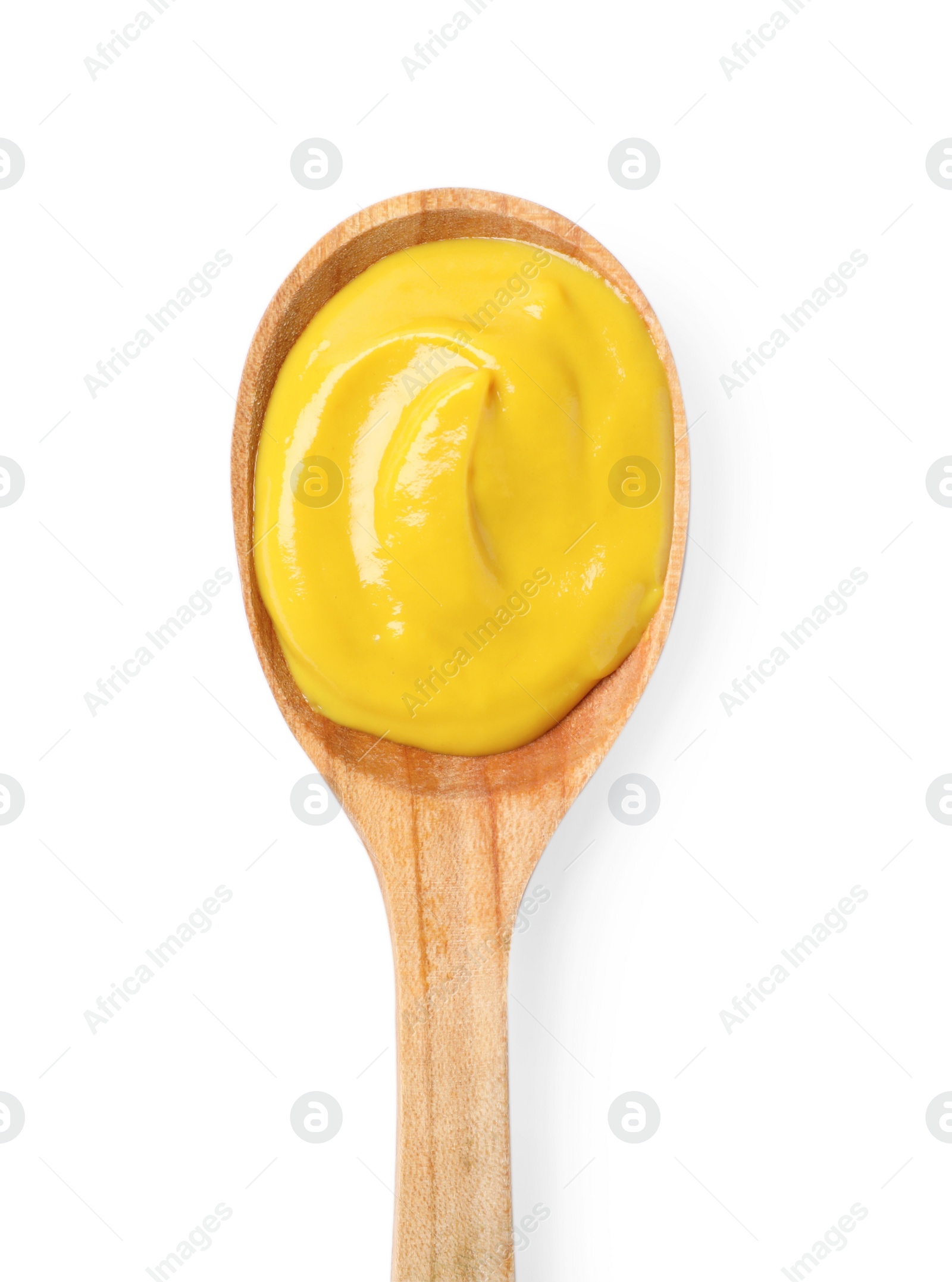 Photo of Delicious mustard in wooden spoon isolated on white, top view