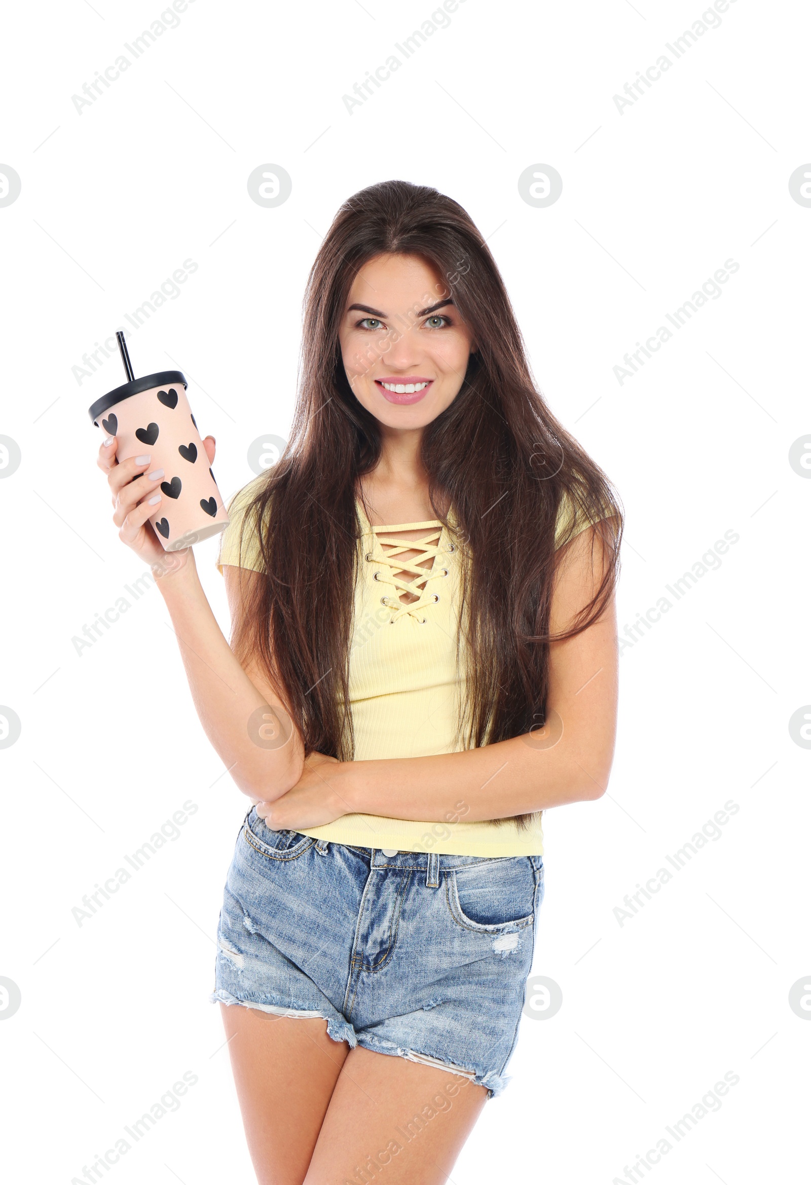 Photo of Beautiful woman with cup of coffee posing on white background