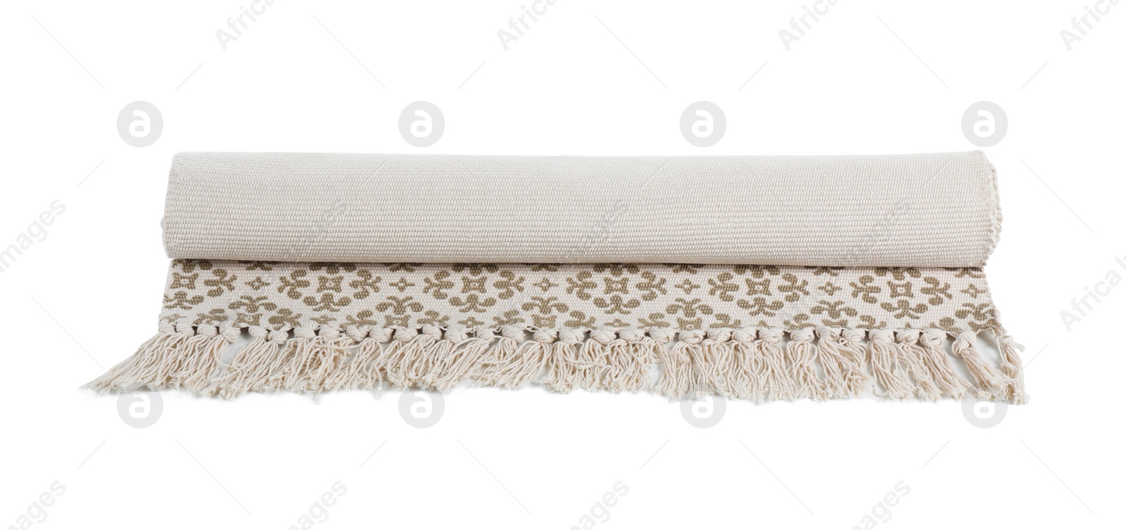 Photo of Rolled carpet with ornament on white background. Interior element