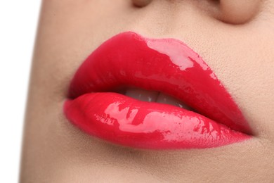 Photo of Woman with bright lip gloss, closeup view