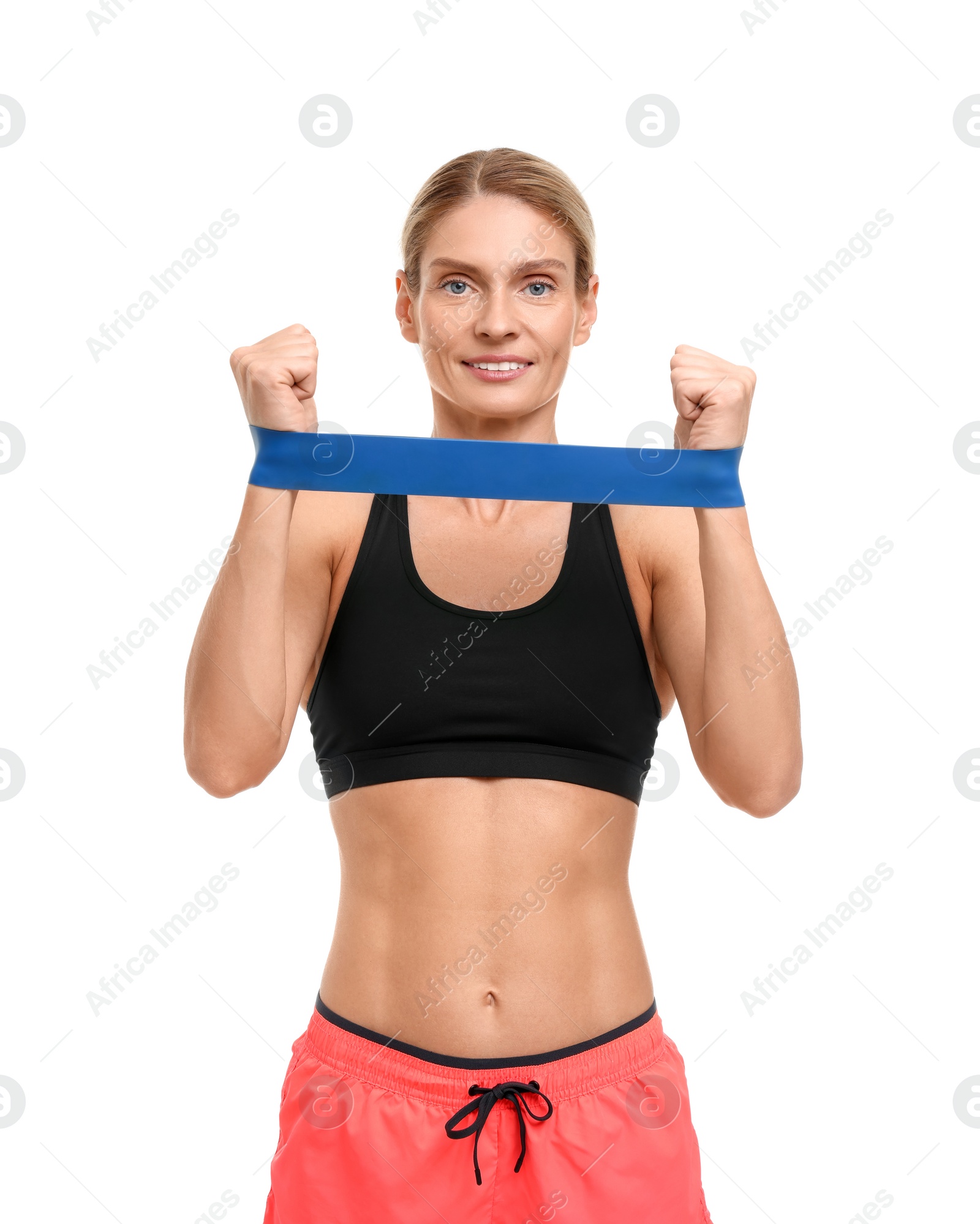 Photo of Woman exercising with elastic resistance band on white background