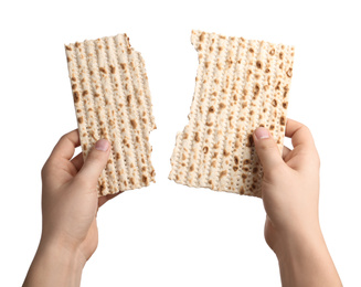 Man with Matzo on white background, closeup. Pesach (Passover) celebration