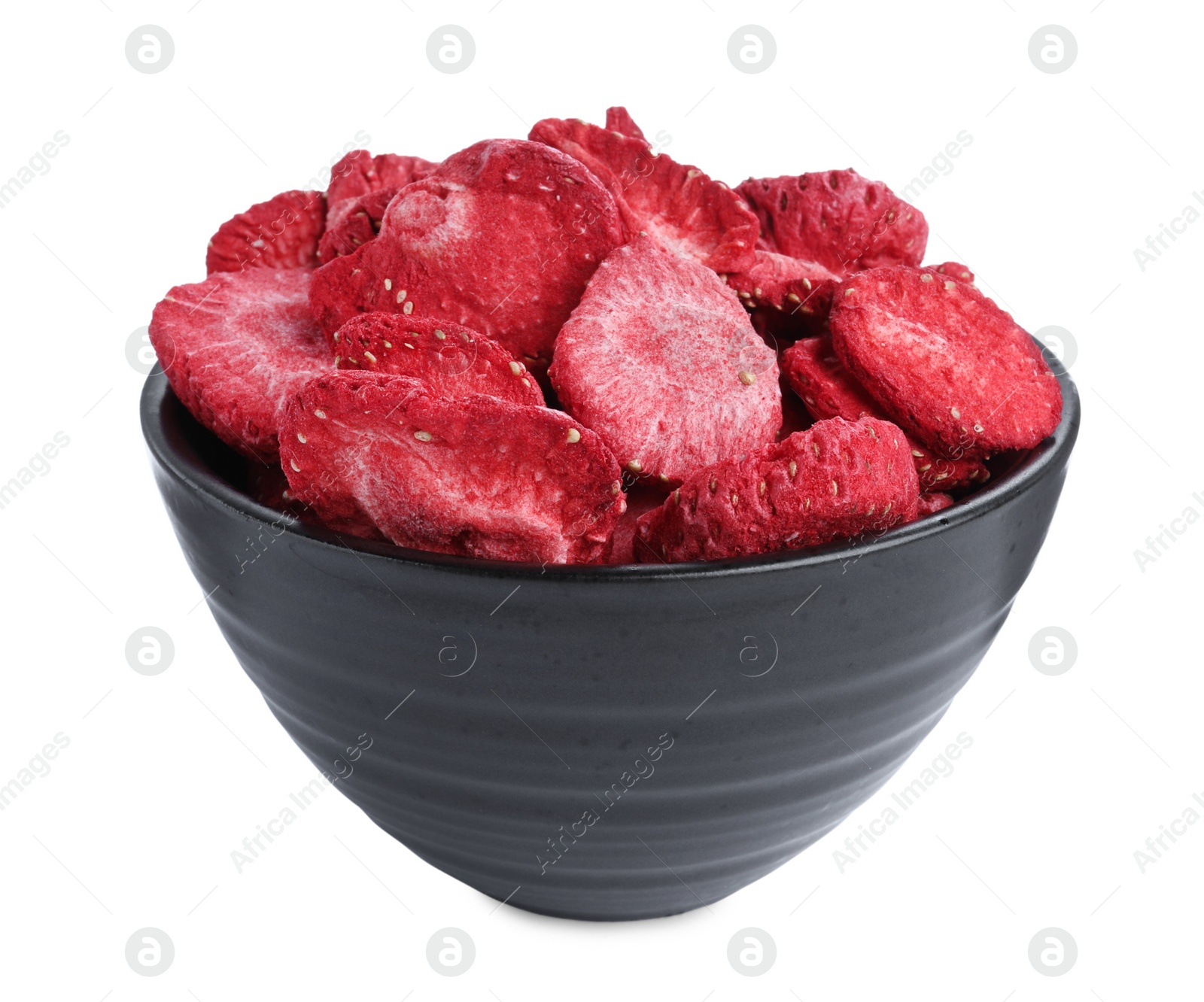 Photo of Freeze dried strawberries in bowl on white background