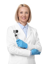 Photo of Happy dermatologist with dermatoscope isolated on white