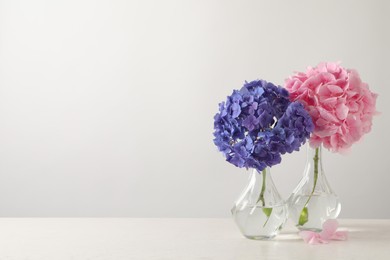 Photo of Beautiful bright hortensia flowers on white wooden table against light background. Space for text