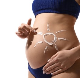 Pregnant woman with sun protection cream on her belly against white background, closeup