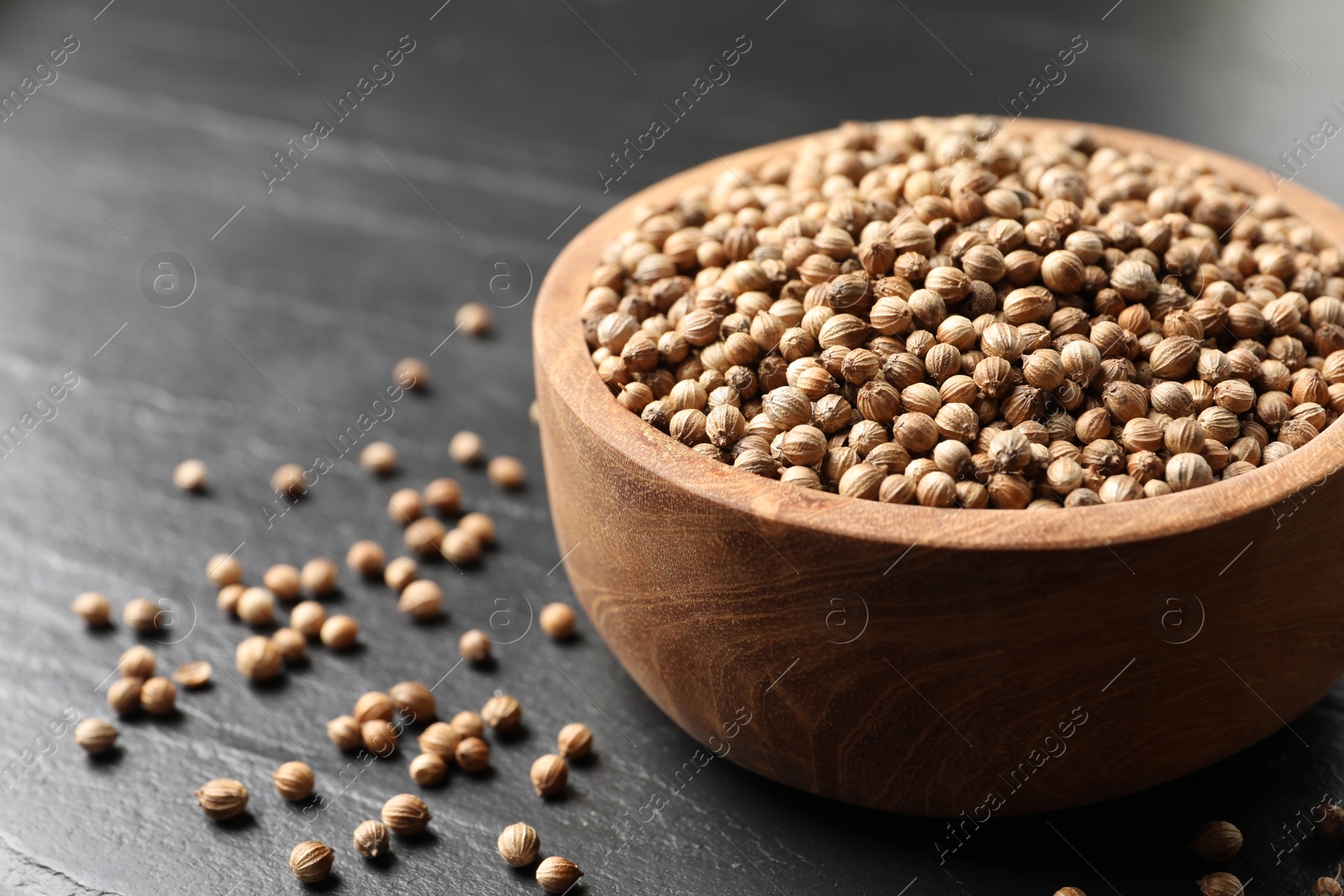 Photo of Dried coriander seeds in bowl on dark gray textured table, closeup
