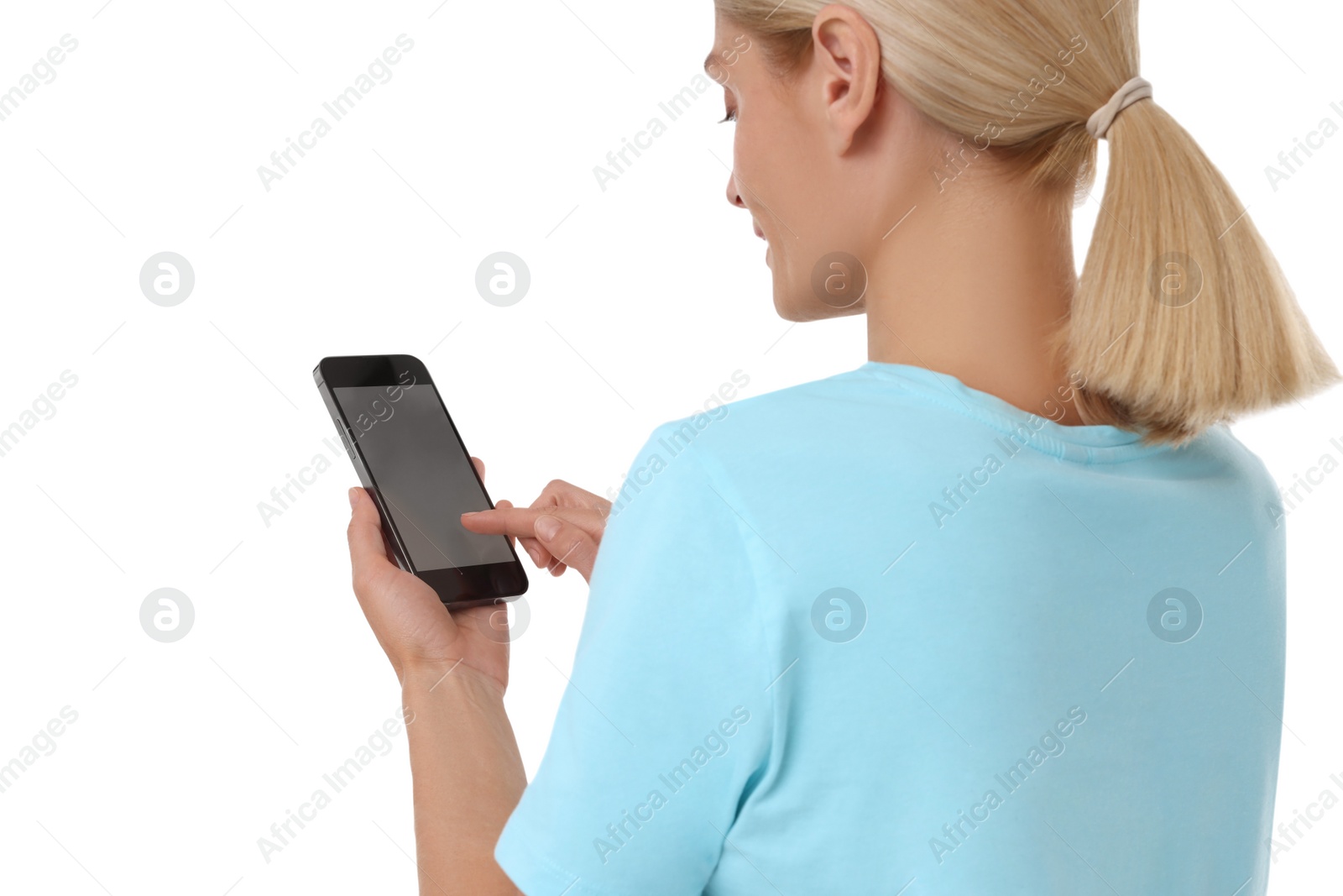 Photo of Woman using smartphone with blank screen on white background