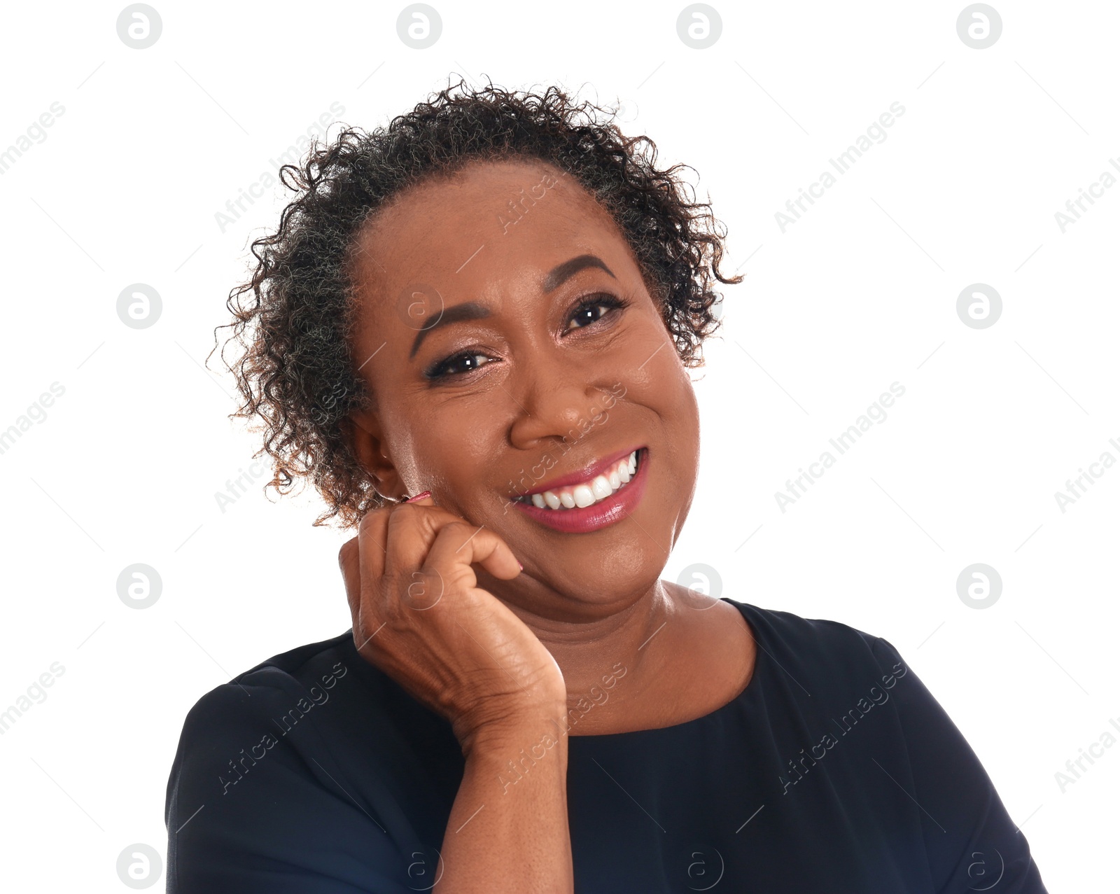 Photo of Portrait of happy African-American woman on white background