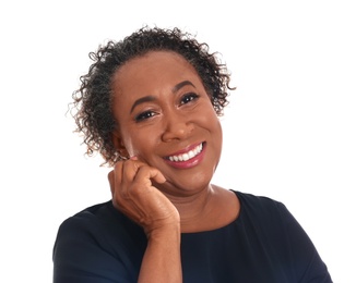 Photo of Portrait of happy African-American woman on white background