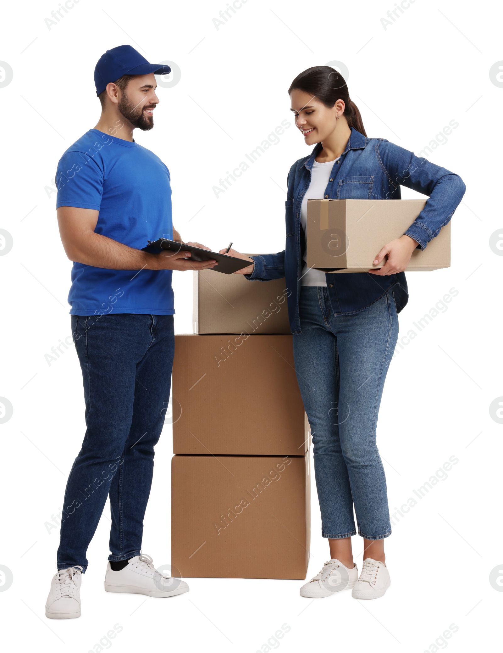 Photo of Smiling woman signing order receipt on white background. Courier delivery