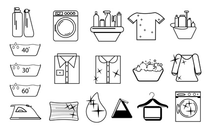 Illustration of different laundry symbols on white background 