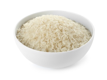 Bowl with uncooked parboiled rice on white background