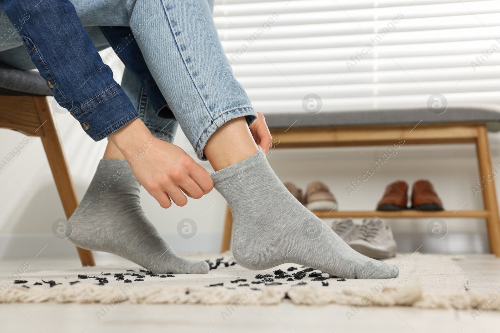 Photo of Woman putting on grey socks at home, closeup