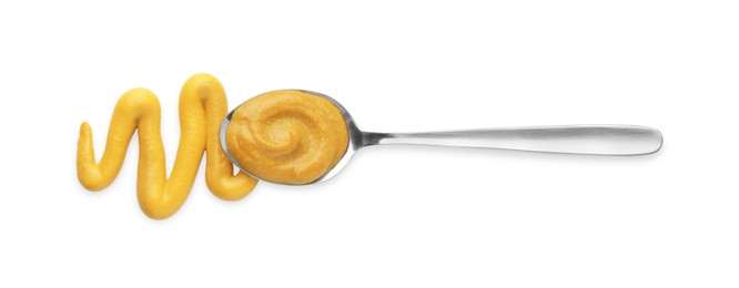 Fresh mustard sauce and spoon isolated on white, top view