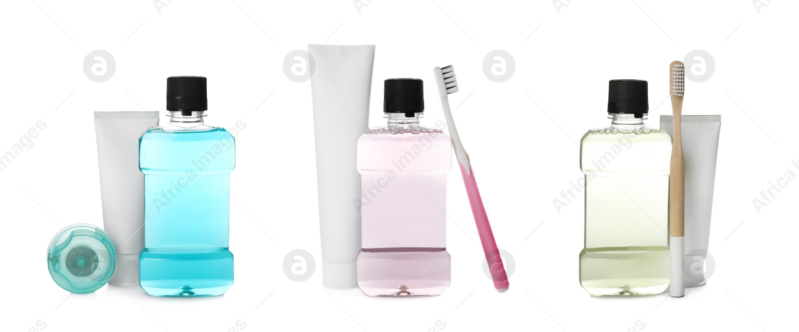 Image of Set with bottles of mouthwash and other items for teeth care on white background. Banner design