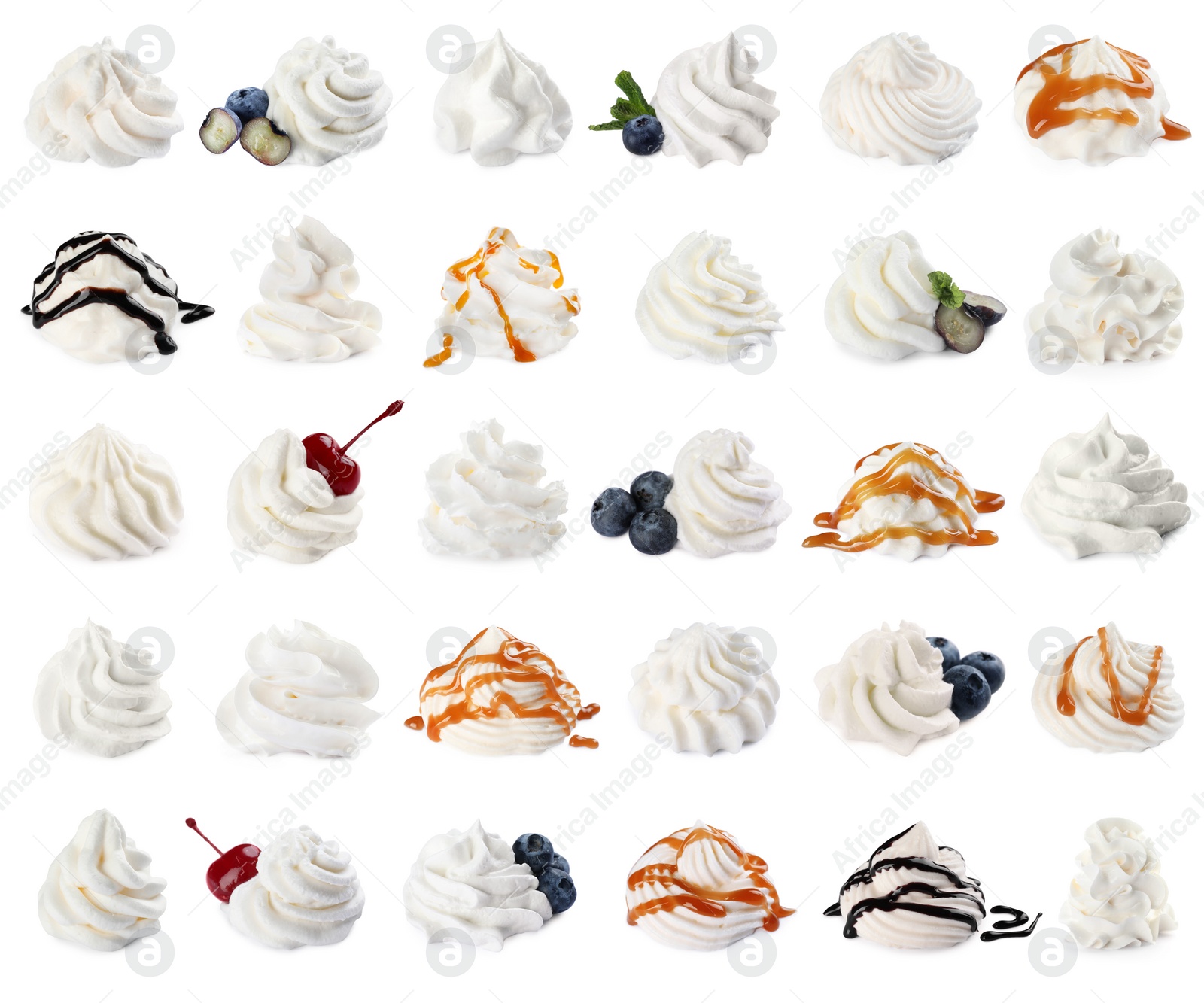 Image of Set with delicious fresh whipped cream on white background