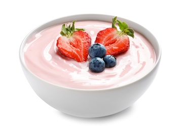 Photo of Bowl with delicious yogurt and berries on white background