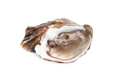 Photo of Fresh raw open oyster on white background