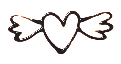 Photo of Heart with wings made of dark chocolate on white background, top view