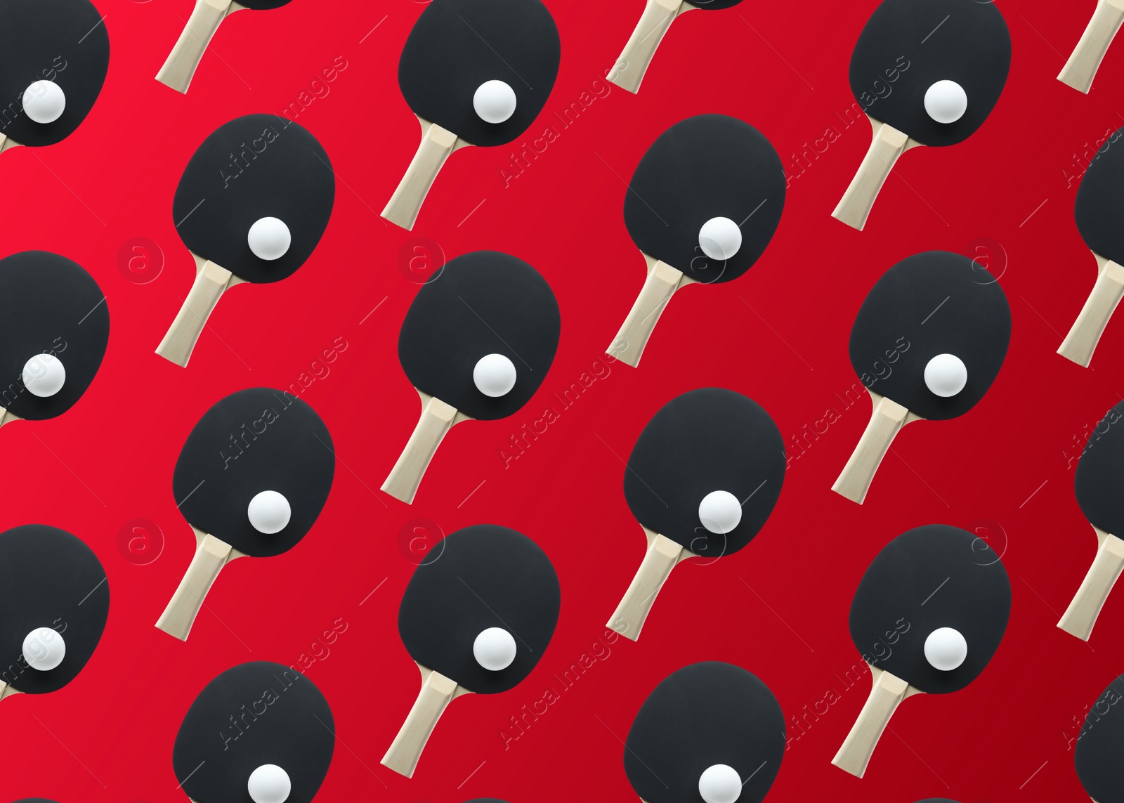 Image of Table tennis paddles and balls on red background, flat lay
