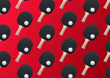 Table tennis paddles and balls on red background, flat lay