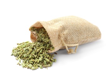 Photo of Bag with dry fennel seeds isolated on white