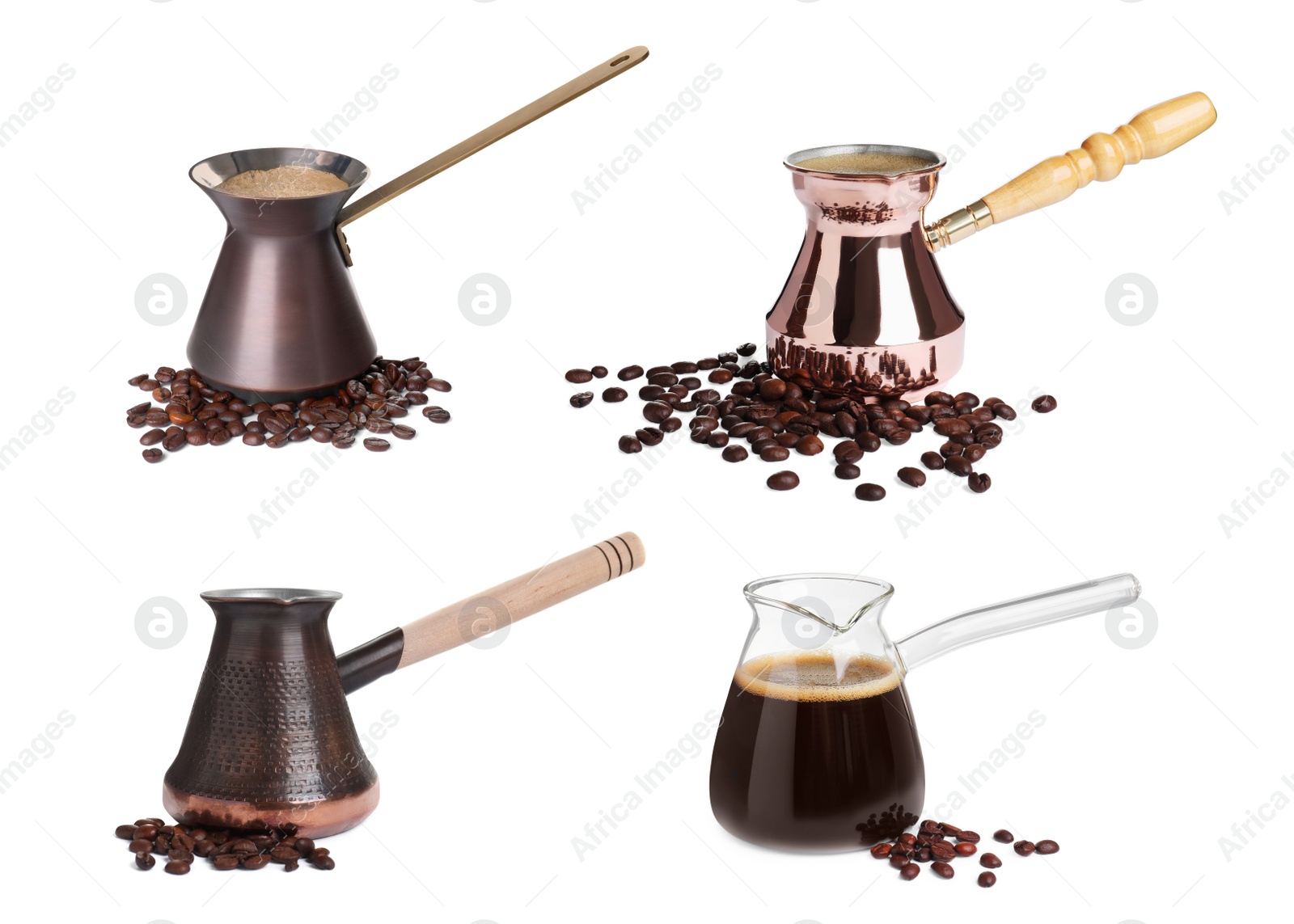 Image of Set with different turkish coffee pots (cezve) with hot coffee and beans on white background