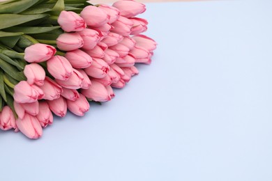 Bouquet of beautiful pink tulips on light grey background, closeup. Space for text