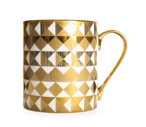 Stylish cup with gold pattern isolated on white