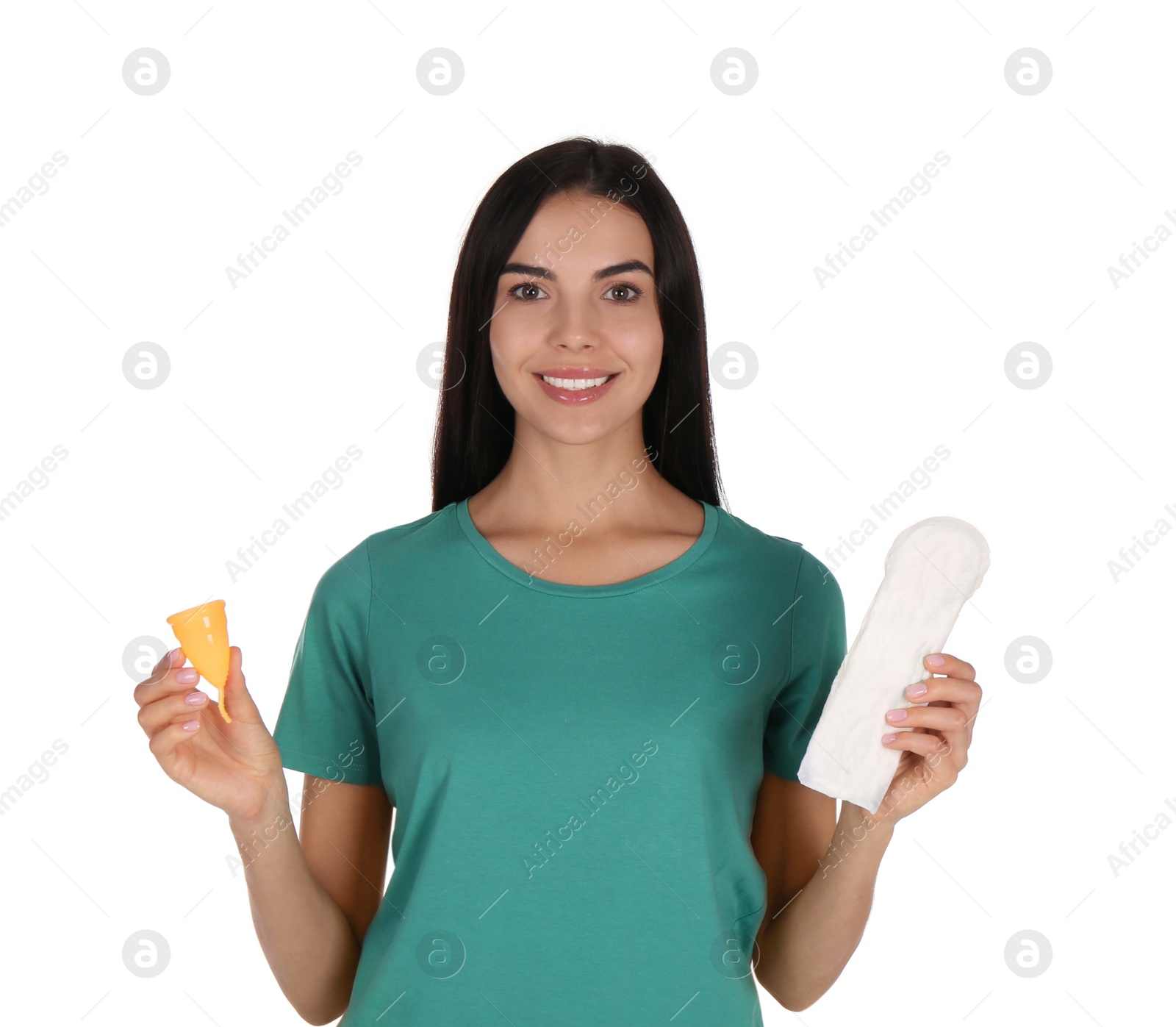 Photo of Young woman with menstrual cup and pad on white background