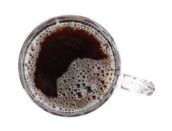 Full mug of beer isolated on white, top view