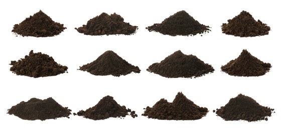 Image of Set with piles of fertile soil on white background. Banner design