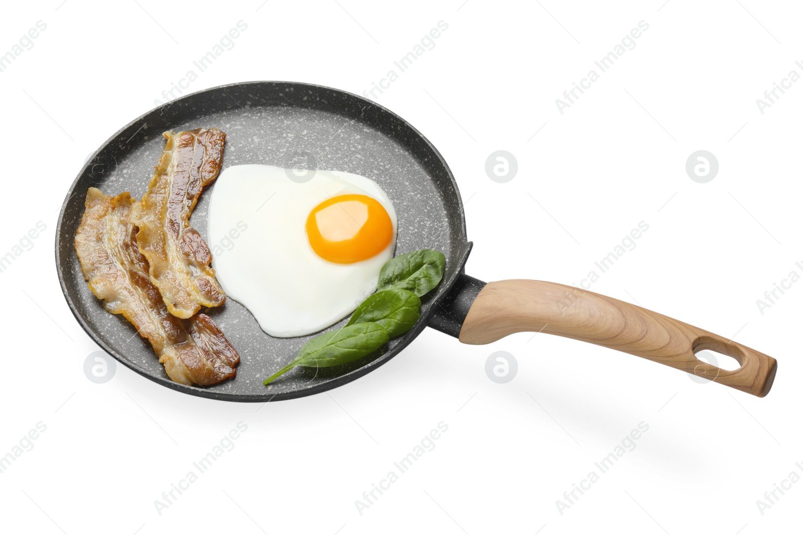 Photo of Tasty cooked chicken egg with bacon in frying pan isolated on white