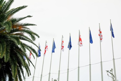 Photo of BATUMI, GEORGIA - MAY 31, 2022: Many flags of Georgia and European Union on poles outdoors, low angle view