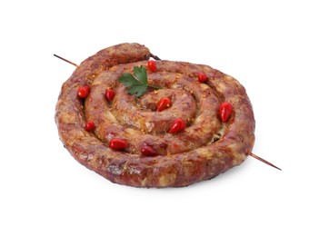 Photo of Ring of delicious homemade sausage with peppers isolated on white
