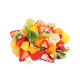 Photo of Pile of delicious fruit salad on white background, above view