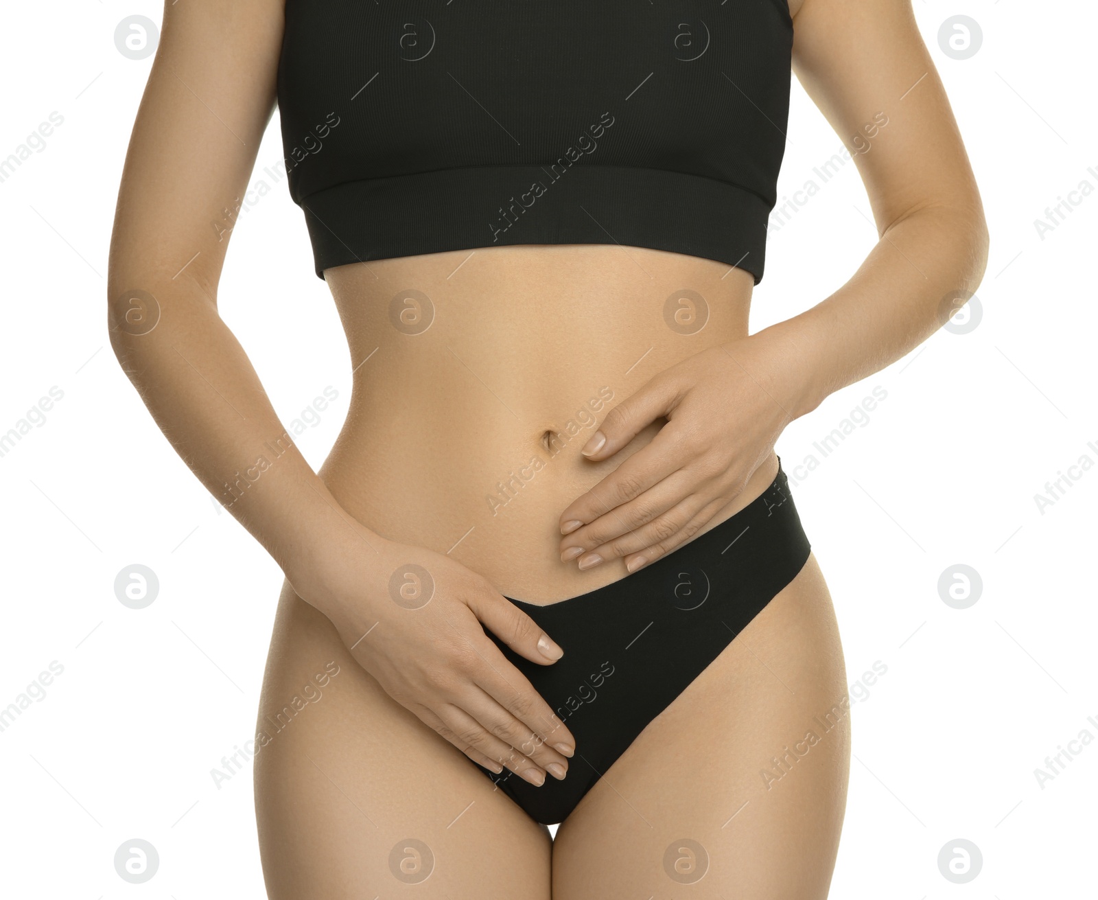 Photo of Gynecology. Woman in underwear on white background, closeup