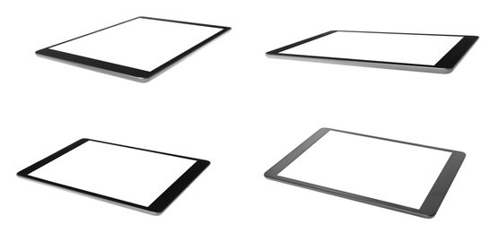 Image of Set of tablet computers on white background. Banner design