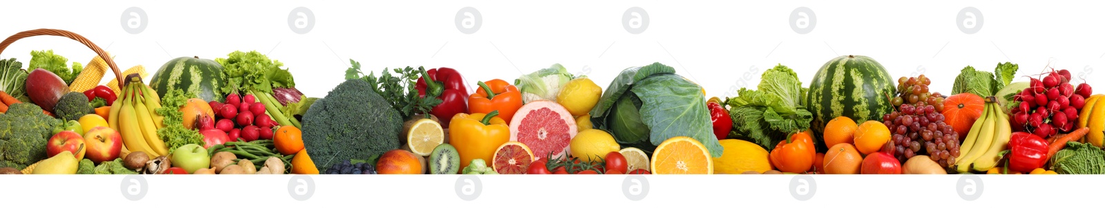 Image of Collection of fresh organic vegetables and fruits on white background. Banner design 