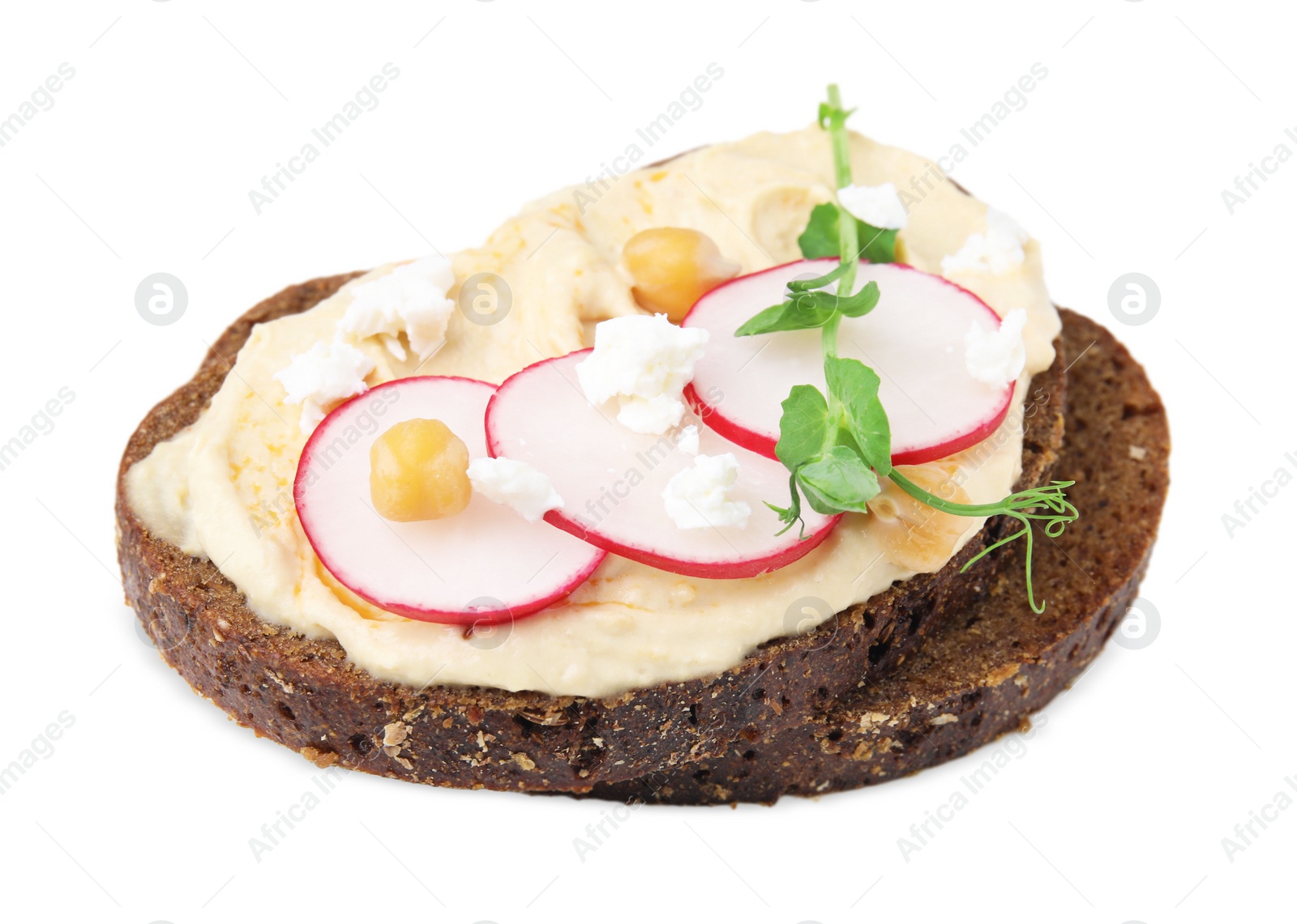 Photo of Delicious sandwich with hummus and ingredients on white background