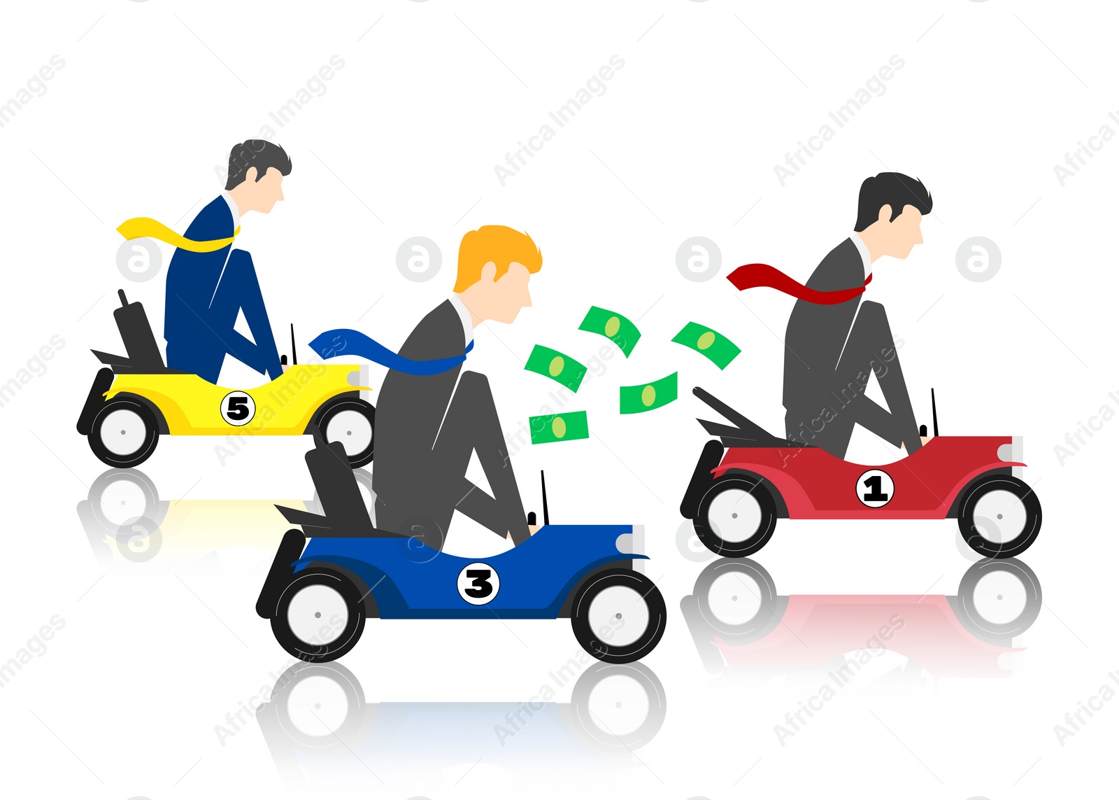 Illustration of Competition concept. Businessmen in racing cars and one outpacing on white background. Illustration