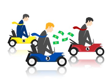 Illustration of Competition concept. Businessmen in racing cars and one outpacing on white background. Illustration