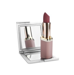 Photo of Stylish cosmetic pocket mirror and lipstick on white background