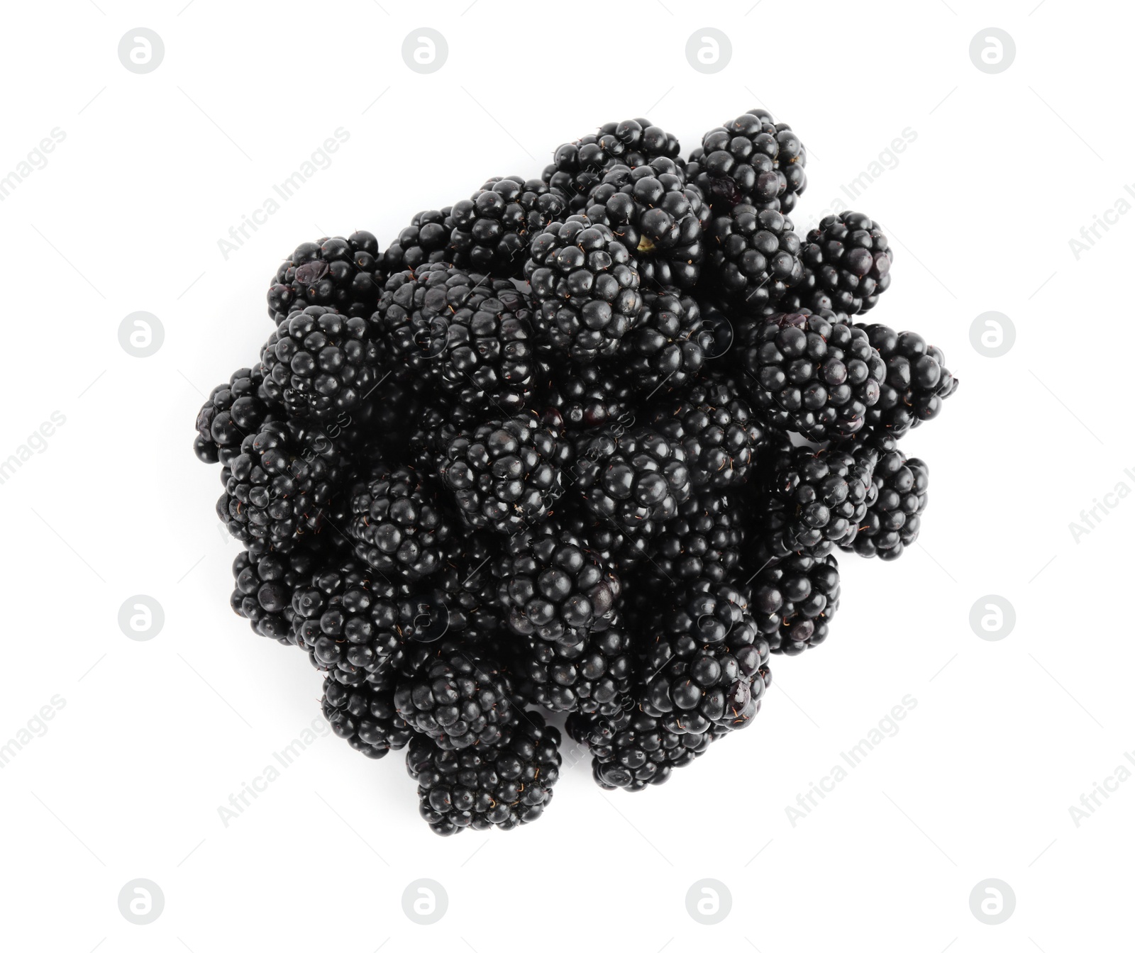 Photo of Tasty ripe blackberries on white background, top view