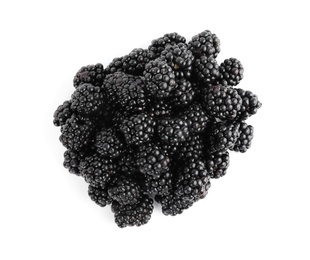 Tasty ripe blackberries on white background, top view