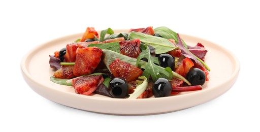 Photo of Delicious salad with sicilian orange on white background