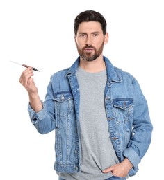 Man using cigarette holder for smoking isolated on white