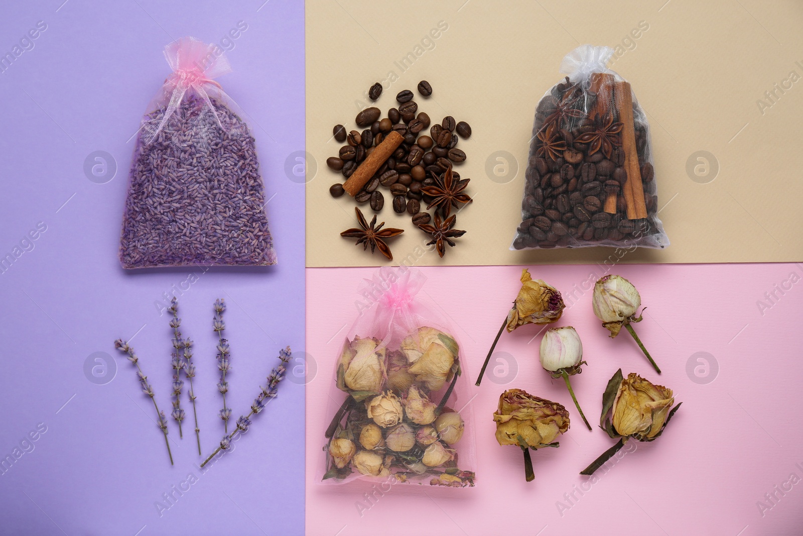 Photo of Scented sachets with dried flowers, coffee beans and spices on color background, flat lay